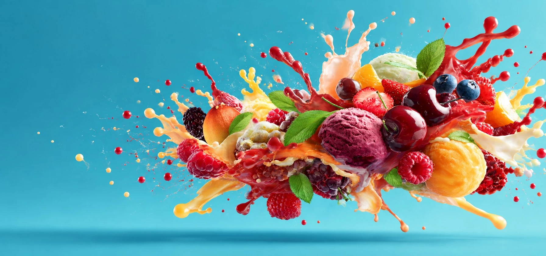 Cherries, raspberries, blueberries and sorbet in a splash of juice on a teal background