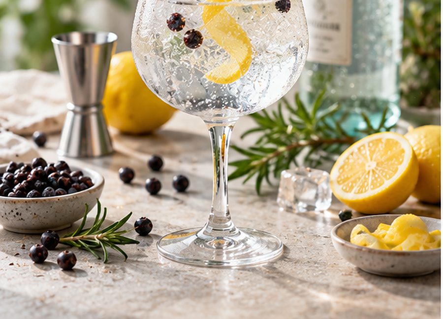 Gin and tonic with juniper, rosemary and lemon