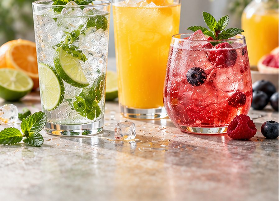Iced soft drinks with lime, orange and berries