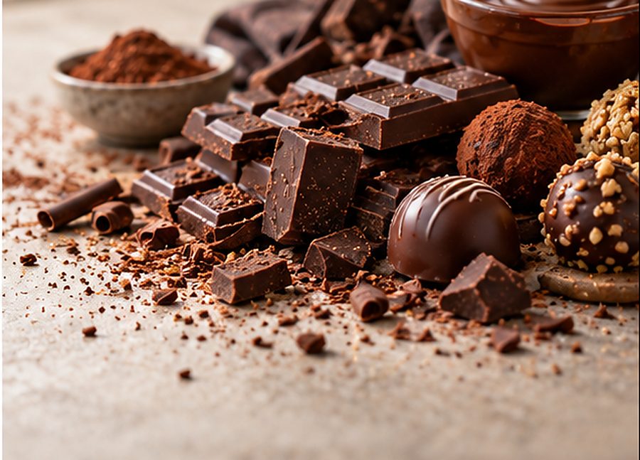 Dark chocolate pieces, truffles and cocoa