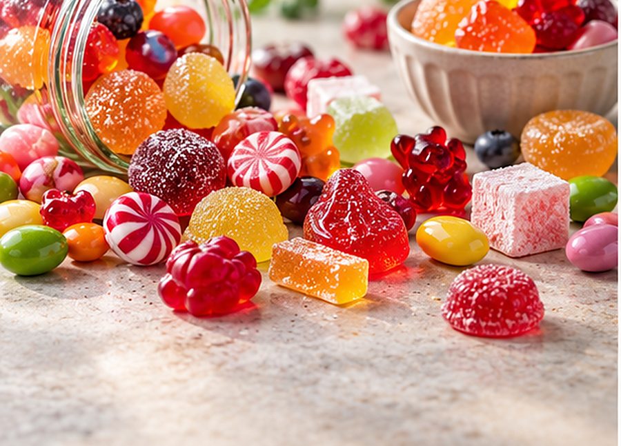 Jelly sweets and boiled sweets spilling from a jar
