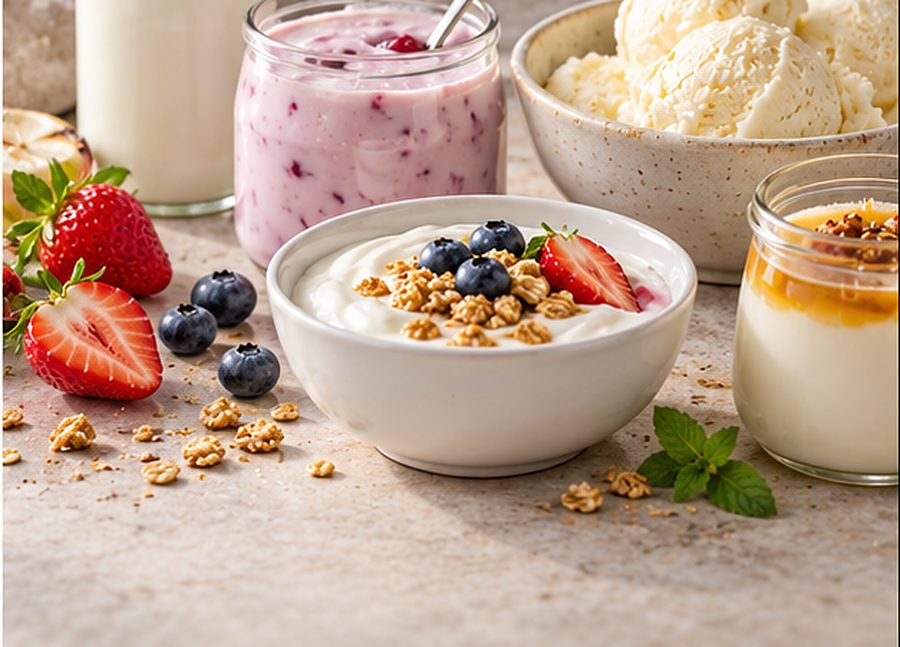Yogurt, milk, ice cream and granola