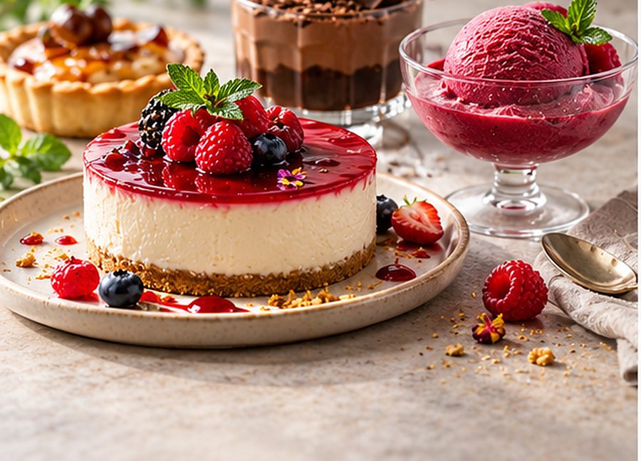 Berry cheesecake, chocolate mousse and sorbet