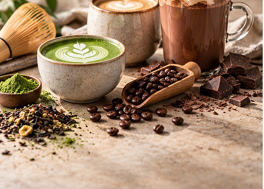 Matcha latte, coffee and hot chocolate