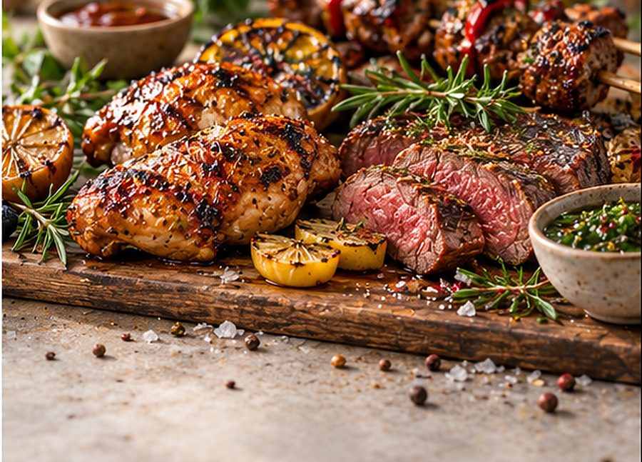 Grilled chicken, steak and skewers on a board