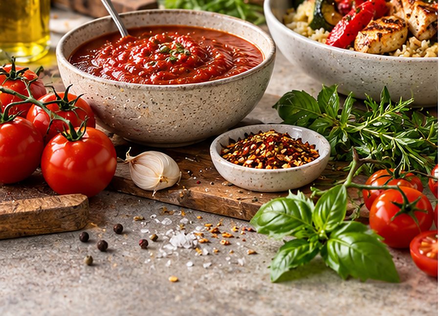 Tomato sauce, fresh herbs and a grilled rice bowl