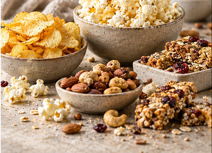 Popcorn, crisps, nuts and cereal bars