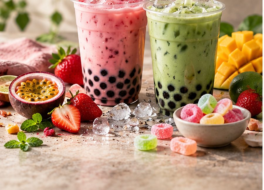 Strawberry and matcha bubble tea with fruit
