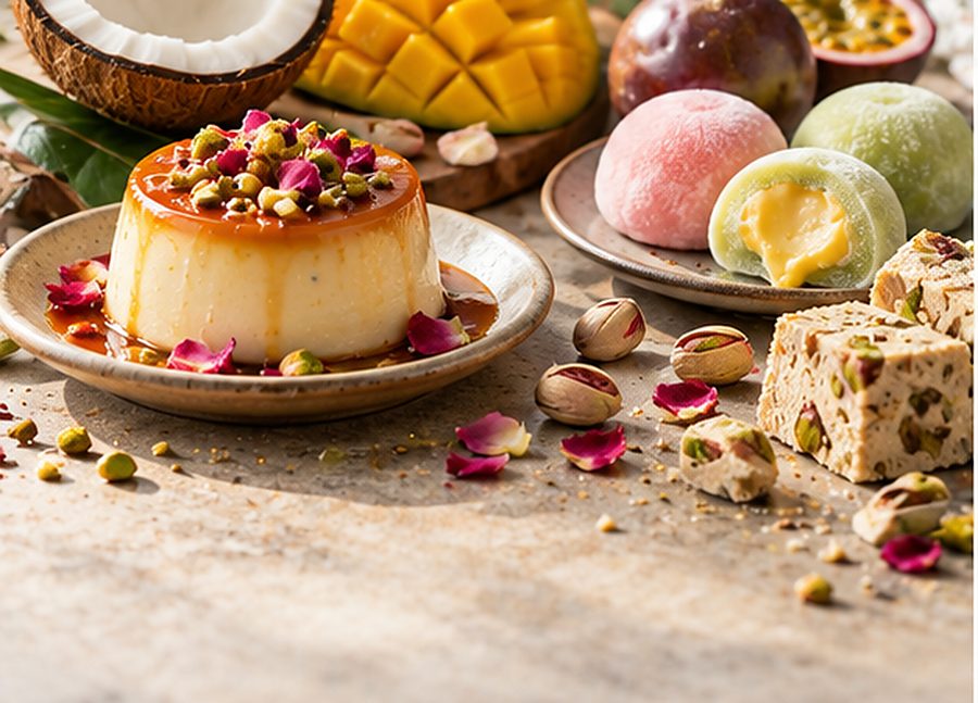Caramel flan, mochi, halva, mango and coconut