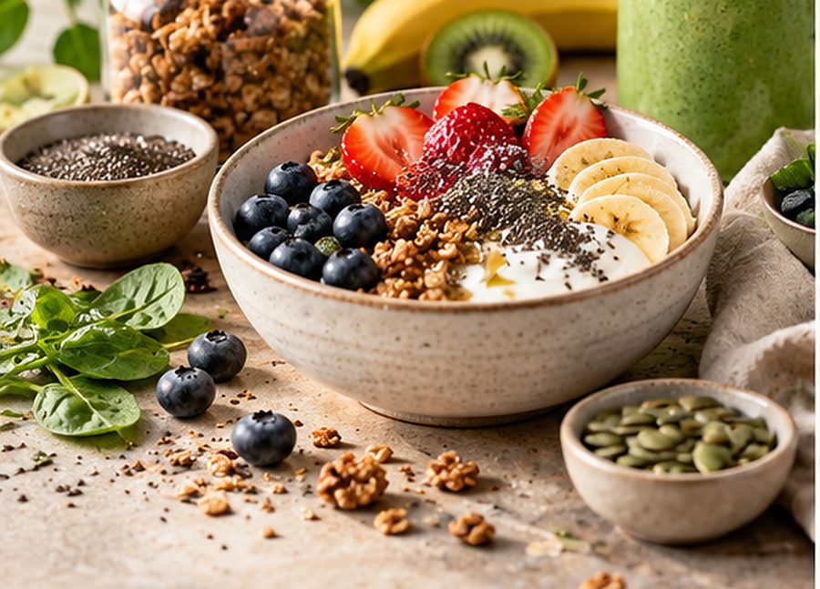 Yogurt bowl with granola, berries and seeds