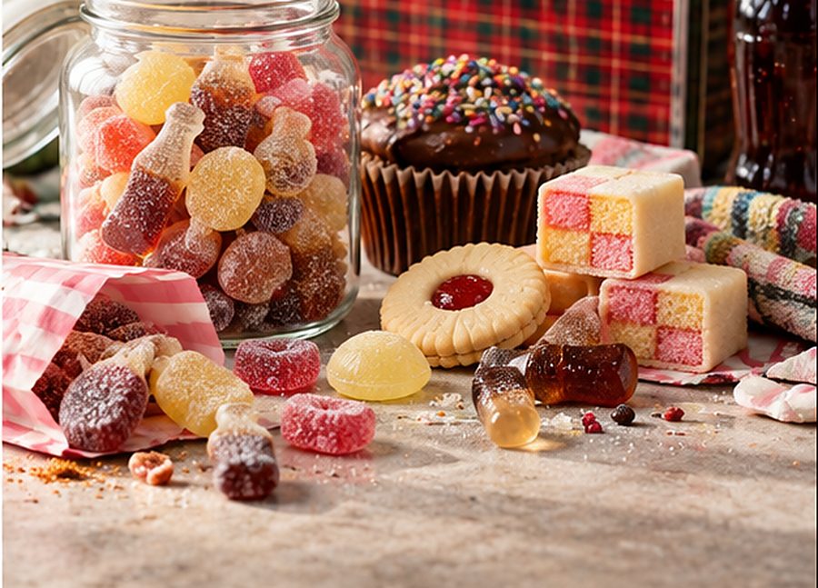Retro sweets, jammie biscuits and Battenberg