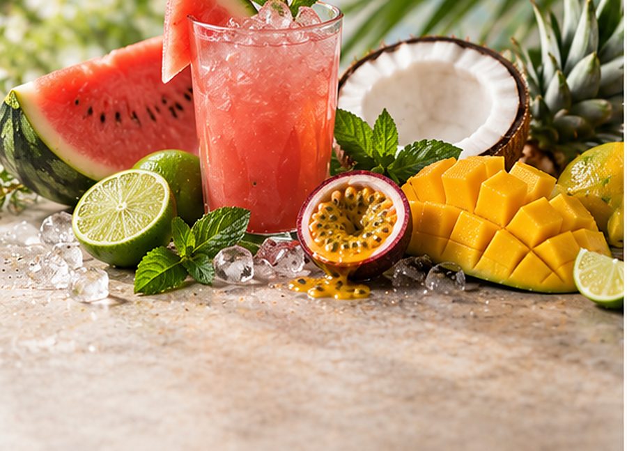 Watermelon cooler with lime, mango and coconut