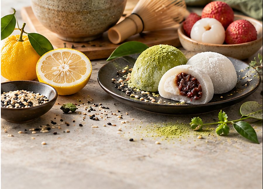Matcha, mochi, yuzu, lychee and sesame