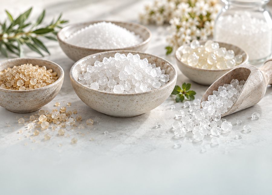 Salt and sugar crystals representing Sensalt and Sensugar, filling the frame