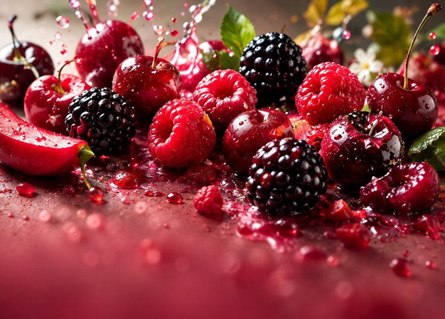 Fresh cherries, some halved, packed edge to edge