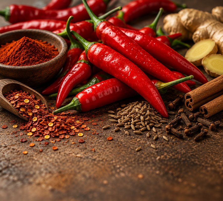 Fresh red chillies filling the frame